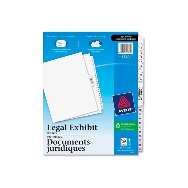 Avery Dennison Avery Premium Collated Legal Exhibit Divider, Printed 1 to 25, 8.5"x11", 26 Tabs, White/White 11370 - main